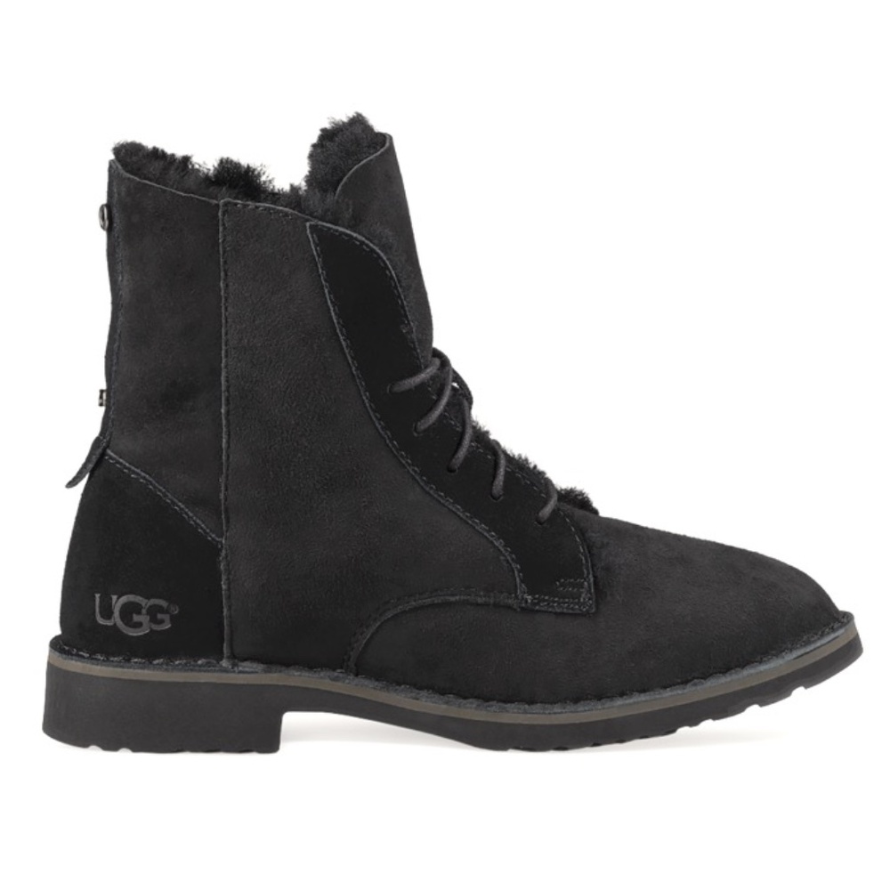 UGG Quincy Women Suede Sheepskin Lined Combat Boots In Black.  Size: US 7